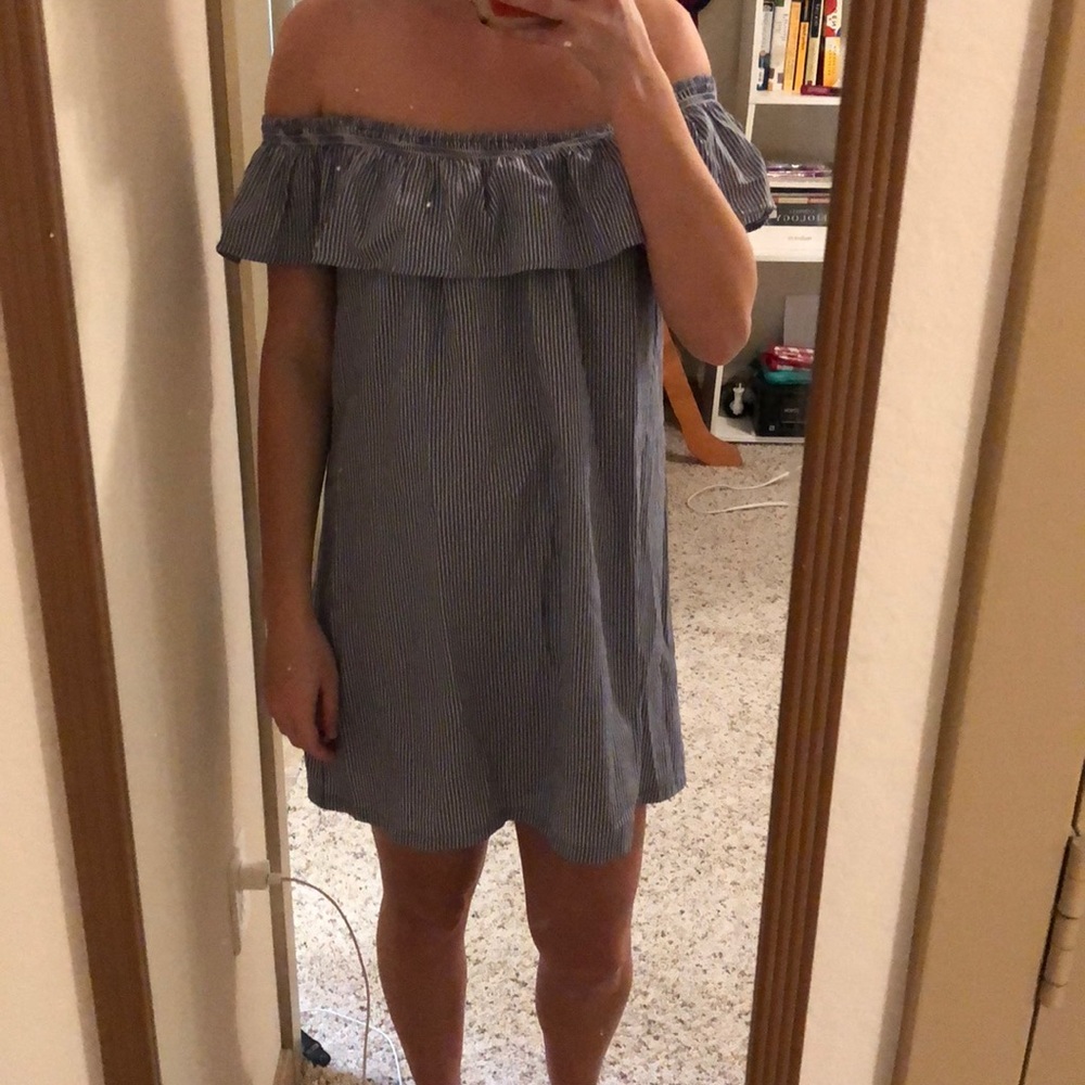 Off the shoulder blue and white striped dress
